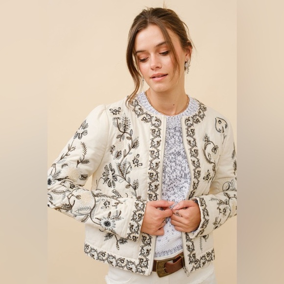 Embroidered Zip Up Jacket in Vanilla Black - Picture 3 of 8